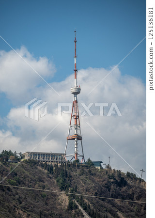 Tbilisi TV broadcasting communications tower located in Mtatsminda Park above Tbilisi, Georgia 125136181
