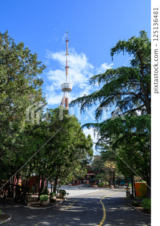 Tbilisi TV broadcasting communications tower located in Mtatsminda Park above Tbilisi, Georgia 125136481