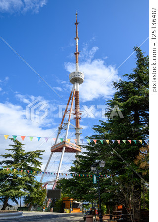 Tbilisi TV broadcasting communications tower located in Mtatsminda Park above Tbilisi, Georgia 125136482