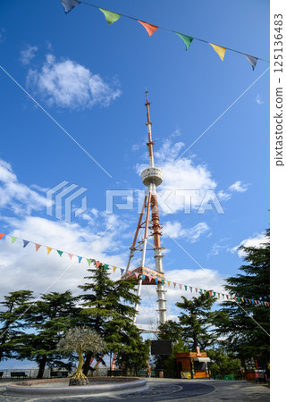 Tbilisi TV broadcasting communications tower located in Mtatsminda Park above Tbilisi, Georgia 125136483