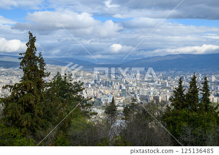 Cityscape of Tbilisi, capital of Georgia, aerial panoramic view from Mtatsminda Park 125136485