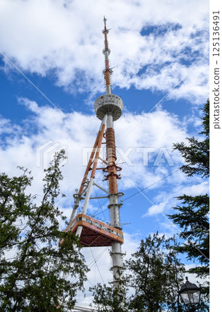 Tbilisi TV broadcasting communications tower located in Mtatsminda Park above Tbilisi, Georgia 125136491