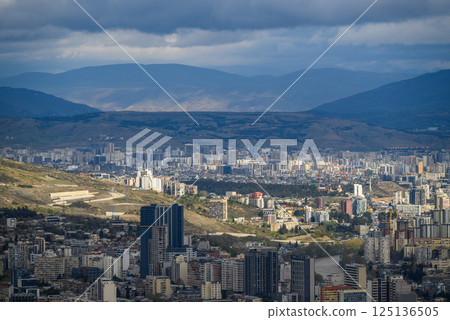 Cityscape of Tbilisi, capital of Georgia, aerial panoramic view from Mtatsminda Park 125136505