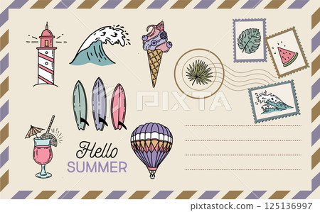 Hello summer, card, Postcard, mail, hand drawn illustrations. 125136997