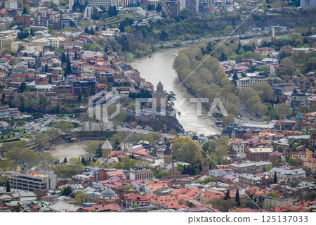 Cityscape of Tbilisi, capital of Georgia, aerial panoramic view from Mtatsminda Park 125137033