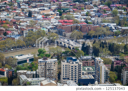 Cityscape of Tbilisi, capital of Georgia, aerial panoramic view from Mtatsminda Park 125137043