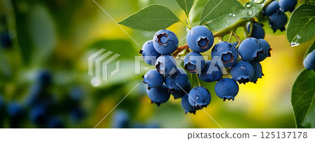Wet blueberries hanging from the branch. Shadow horizontal background 125137178