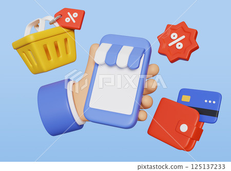 3D graphic of a hand holding a mobile phone and shopping icons around it 125137233