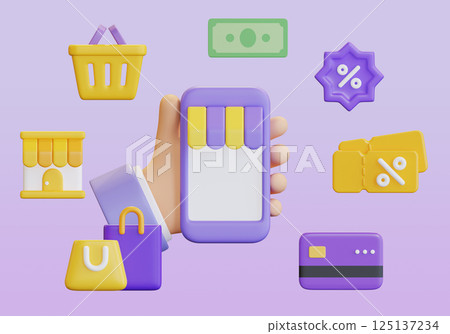 3D graphic of a hand holding a mobile phone and shopping icons around it 125137234