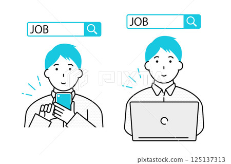 一位年輕男子使用智慧型手機或電腦尋找工作的圖片 125137313
