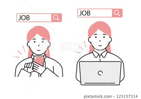 一位年輕女子使用智慧型手機或電腦尋找工作的圖片 125137314