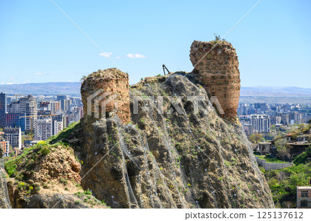 Remains of ancient Narikala fortress overlooking Old town of Tbilisi, the capital of Georgia Remains of ancient Narikala fortress overlooking Old town of Tbilisi, the capital of Georgia 125137612