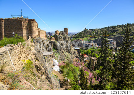 Remains of ancient Narikala fortress overlooking Old town of Tbilisi, the capital of Georgia 125137614