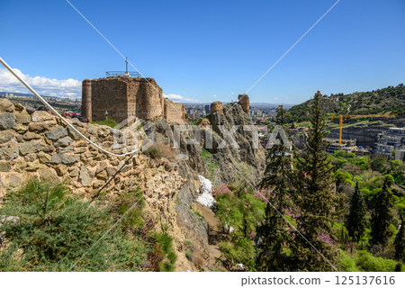 Remains of ancient Narikala fortress overlooking Old town of Tbilisi, the capital of Georgia 125137616