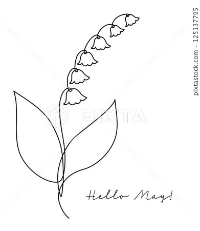 Hello May. Lily of the Valley. One Continuous Line Drawing. Minimalist Linear Beautiful Spring Flower May bells. Vector Illustration For wedding design, invitations. Hand Monoline. Editable stroke Hello May. Lily of the Valley. One Continuous Line Drawing. Minimalist Linear Beautiful Spring Flower May bells. Vector Illustration For wedding design, invitations. Hand Monoline. Editable stroke 125137795