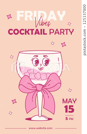 Vintage Groovy Glass Cocktail Character with Coquette Pink Bow. Romantic Aesthetic Drink. Trendy retro party invitation poster flyer with alcoholic or nonalcoholic beverage. Vector illustration 125137800
