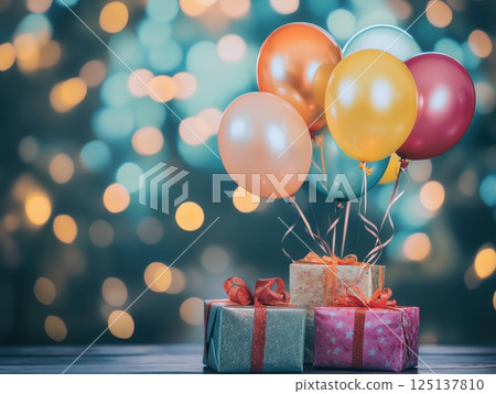 birthday gift with colorful balloons 125137810