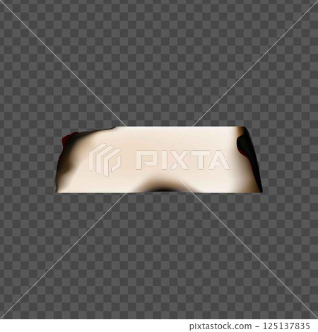 Realistic paper burnt, vector smoldering page scrap, charred paper sheet edges with black ash on transparent background 125137835