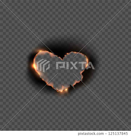 Paper burning heart frame, vector realistic overlay romantic flaming paper with fire black ash on transparent background 125137845