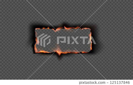 Illustration of Realistic rectangular frame made of burnt paper with flame and charred edges. 125137846