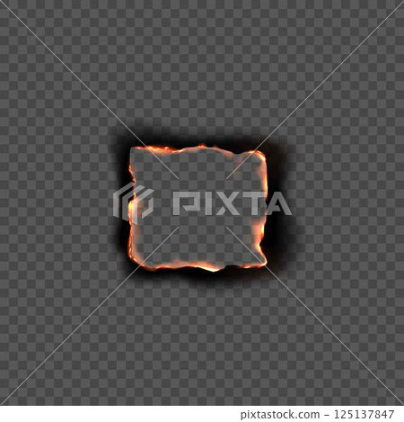 Vector square empty burnt paper frame with realistic flames and charred edges. 125137847
