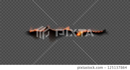Paper burn vector realistic frame, overlay flaming paper side with fire and black ash isolated on transparent background Paper burn vector realistic frame, overlay flaming paper side with fire and black ash isolated on transparent background 125137864