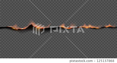 Paper burn border, vector realistic flaming paper side with fire and black ash overlay effect on transparent background Paper burn border, vector realistic flaming paper side with fire and black ash overlay effect on transparent background 125137868