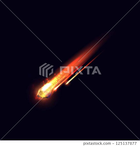 Falling asteroid or comet with fire and dust tail, realistic vector high speed flying meteorite in space, burning rock 125137877