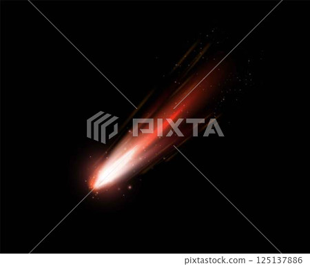 Falling asteroid or comet with fire and dust tail, realistic vector cosmic shooting meteorite in space with light trail 125137886