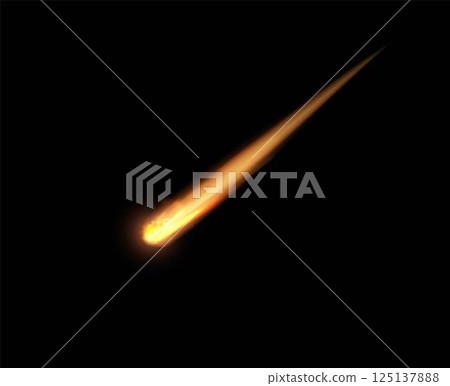 Falling asteroid comet with orange fire tail, vector realistic meteorite in space, burning star fireball, celestial body Falling asteroid comet with orange fire tail, vector realistic meteorite in space, burning star fireball, celestial body 125137888