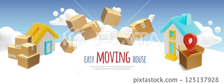 Easy moving house 3D vector banner design, cardboard boxes stacks, flying packages to location sign, delivery service 125137928