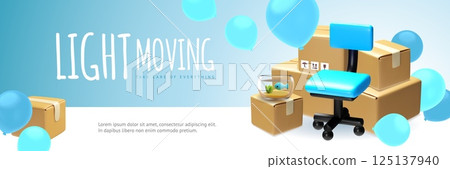 3d vector blue banner with boxes near office chair, aquarium and balloons. Moving concept. 3d vector blue banner with boxes near office chair, aquarium and balloons. Moving concept. 125137940