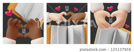 Read more and swap books design with multinational heart hand gesture, 3D style posters vector set, booklover concept 125137959