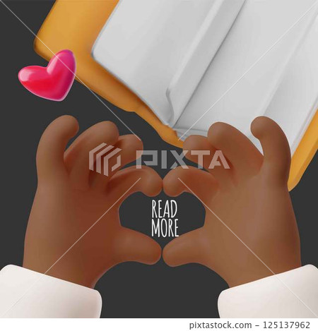 3D poster of an open book with dark skinned hands forming a heart. 125137962