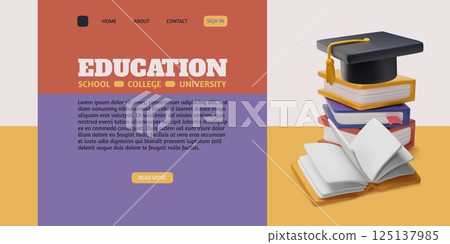 Education school, college, university 3D vector landing page design, stack of books and graduate cap, library literature 125137985