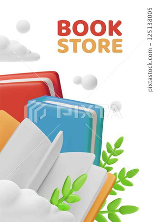 Book store 3D style vector poster design, colorful books, literature with leaves and clouds, library and education shop Book store 3D style vector poster design, colorful books, literature with leaves and clouds, library and education shop 125138005