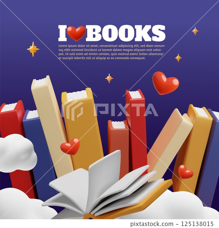 I love books 3D style vector poster design, stack of books with hearts in starry sky, library or bookstore, education 125138015