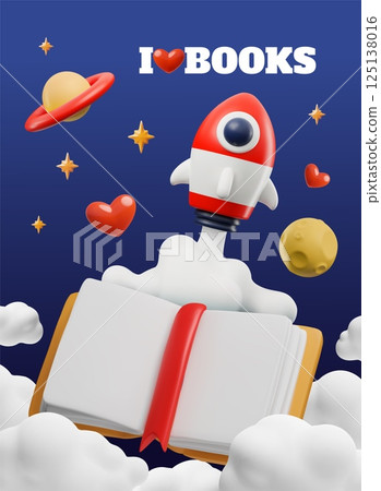 3D poster of an open book among clouds, planets, a rocket and stars. 125138016