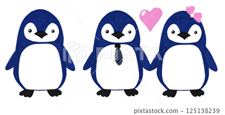 Hand drawn illustration of penguin cute wild animal. Funny arctic isolated wildlife baby, polar zoo doodle art print, modern minimal card, adorable winter children valentine love couple. 125138239