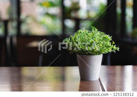 A potted plant sits on a wooden table in a restaurant. The plant is green and he is a fake 125138312