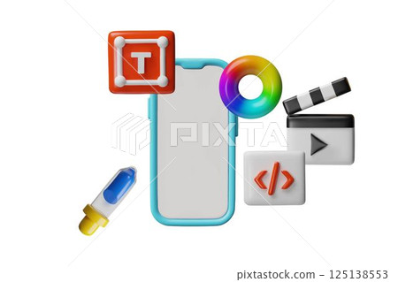3D ui, ux user software interface vector design, smartphone, text tool, film clapper, color wheel and pipette templates 3D ui, ux user software interface vector design, smartphone, text tool, film clapper, color wheel and pipette templates 125138553