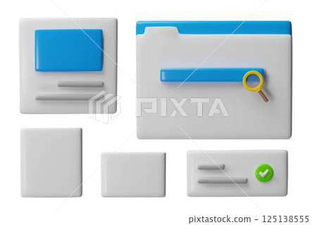 3D ui, ux user software interface vector set, glossy rectangle block template of dialogue window, search bar and folder 125138555