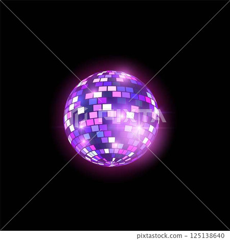 Glowing purple disco ball, vector shiny hanging mirror sphere, retro disco party, music dance club festive decoration 125138640