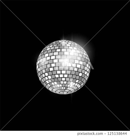 Glowing silver disco ball, vector shiny hanging mirror sphere, retro symbol music dance club festive party decoration 125138644