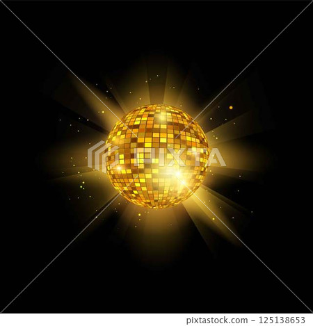 Vector illustration of golden disco ball on the background of bright rays and glowing particles. Vector illustration of golden disco ball on the background of bright rays and glowing particles. 125138653