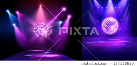 Glowing purple disco ball with spotlights, shiny hanging mirror sphere with illumination, disco party stage vector set Glowing purple disco ball with spotlights, shiny hanging mirror sphere with illumination, disco party stage vector set 125138656
