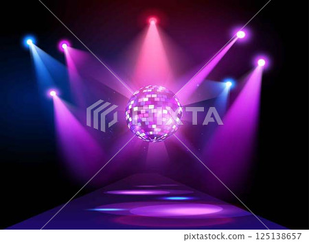 Glowing purple disco ball with spotlights, shiny hanging mirror sphere with illumination, vector disco party club stage 125138657
