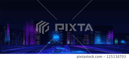 Futuristic digital neon cityscape, vector game hi-tech background, skyscrapers with holographic glow, virtual reality 125138703