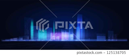Futuristic digital cityscape vector background, holographic illuminated skyscrapers downtown, hi-tech design, metaverse Futuristic digital cityscape vector background, holographic illuminated skyscrapers downtown, hi-tech design, metaverse 125138705