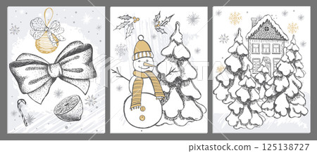 Christmas tree, ball, star, set on white, Hand drawn illustration	 125138727